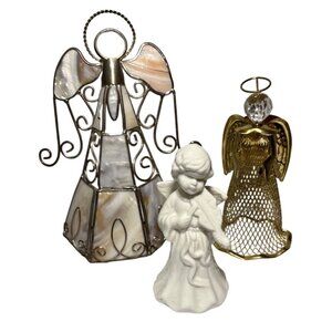 Set Of 3 Angel Figurines With Stained Glass Gold Mesh & Ceramic Design